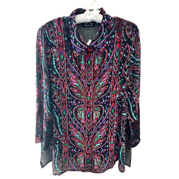 BOB MACKIE | Burnout Velvet Blouse Abstract Colorful Sheer Silk Blend NWT | XL - Picture 1 of 7